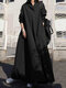 Women Solid Color Lapel Collar Long Sleeve Casual Dress - Black