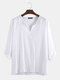 Mens 100% Cotton Chinese Ethnic 3/4 Short Sleeve V-Neck T-Shirt - White