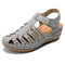 LOSTISY Rivets Hollow Out Casual Hook Loop Wedges Sandals - Gray