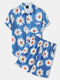 Mens All Over Daisy Print Lapel Drawstring Shorts Holiday Two Pieces Outfits - Blue