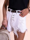 Solid Ripped Pocket Single Breasted Zip Denim Shorts - White
