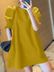 Solid Shirred Puff Sleeve Crew Neck A-line Casual Dress - Yellow