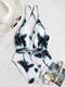 Women White Swimsuits Floral Cut Out Printed Criss Cross V-Neck Backless One Piece - White