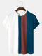 Mens Block Stripe Stitching Knitted Preppy Short Sleeve T-Shirts - Blue