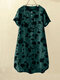 Damen Monochromer Rosendruck Viertelknopf Kurzarm Kleid - Grün