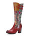 Socofy Retro Floral Printed Leather Patchwork Buckle Design Side Zipper Chunky Heel Comfy Knee Boots - Red