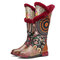 SOCOFY Bohemia Terry Embroidery Floral Genuine Leather Warmed Lined Mid-calf Boots - Red
