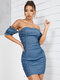 Solid Backless Folds Off The Shoulder Puff Sleeve Sexy Dress - Blue