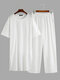 Lightweight Plain Cozy Loose Linen Loungewear Set O Neck Breathable Home Co-ords for Men - White
