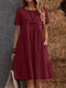 Solid Short Sleeve Pocket Crew Neck Vintage Dress - Wine Red