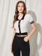 Contrast Color Hollow-out Single Breasted Lapel Collar Crop T-shirt - White