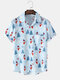 Mens Christmas Tree Snowman Print Casual Short Sleeve Shirts With Pocket - Blue