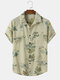 Mens Cotton Plants Print Lapel Vacation Short Sleeve Shirts - Khaki