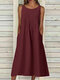 Women Solid Pleated Crew Neck Casual Sleeveless Dress - Wine Red