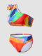 Women Color Block Print One Shoulder Cut Out Sexy Bikinis Swimwear - Orange