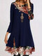 Button Floral Print Patchwork Long Sleeve Casual Dress For Women - Navy