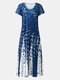 Dot Print O-neck Short Sleeve Slit Hem Women Dress - Blue