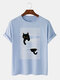Mens Cute Cat Pinstripe Graphic 100% Cotton O-Neck Short Sleeve T-Shirts - Blue
