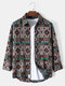 Mens Retro Tribal Pattern Ethnic Style Cotton Casual Long Sleeve Shirts - Gray