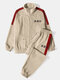 Mens Side Stripe Character Embroidery Zip Jacket Corduroy Two Pieces Outfits - Khaki