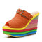 Women Rivet Peep Toe Straw Rainbow Platform Wedges Heel Slippers - Orange