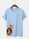 Mens Japanese Cat & Fish Print Crew Neck Short Sleeve T-Shirts - Light Blue