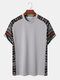 Camisetas masculinas étnicas geométricas Padrão patchwork gola redonda manga raglã - cinzento