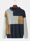 Mens Contrast Color Knitted Cotton Round Neck Loose Warm Sweater - Navy