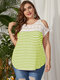 Plus Size Lace Stripe Cold Shoulder Short Sleeves T-shirt - Green