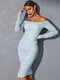 Galaxy Sequins Off Shoulder Long Sleeve Folds Sexy Dress - Light Blue