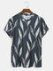Men 100%Cotton Graphic Leaf Print Hem Cuff O Neck Formal T-Shirts - Navy