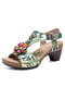 Socofy Genuine Leather Casual Bohemian Sequins T-Strap Heeled Sandals - Green