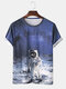 Mens 3D Cartoon Astronaut Printed Home Casual Short Sleeve T-shirt - Blue