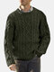 Mens Plain Pure Color Cable Knit Crew Neck Casual Pullover Sweaters - Army Green