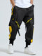 Mens Side Stripe Patchwork Ribbon Design Cuffed Cargo Pants - Black