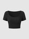 Women Solid Square Collar Short Sleeve Crop Top - Black
