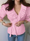 Lace Patchwork V Neck Tie Up Puff Sleeve Blouse - Pink