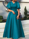 Plus Size Women Solid V-Neck Bell Sleeve Casual Maxi Dress - Blue