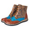 SOCOFY Retro Splicing Multicolors Embossed Abstract Pattern Folkways Style Flat Ankle Boots - Camel
