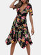 Bohemia Flower Print Strap V-neck Irregular Hem Beach Dress - Black