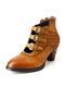 Socofy Retro Ethnic Hollow Design Genuine Leather Hook & Loop Comfy Chunky Heel Short Boots - Light Coffee
