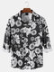 Mens Vintage Floral Print Lapel Button Up Casual Long Sleeve Shirts - Black