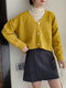 Plus Size Solid Argyle Pattern Button Knitted V-neck Cardigan - Yellow