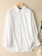 Cotton Solid Lapel Button Front Long Sleeve Loose Shirt - White