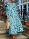 طباعة أوراق الشجر بأكمام طويلة كاجوال Plus فستان ماكسي - أزرق