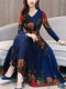Floral Printed V-neck Long-sleeved Maxi Dress - Blue