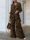 Mulheres com estampa de leopardo lapela botão frontal manga comprida coordenadas - Castanho