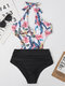 Women  Swimwear Floral Print Patchwork Plunge Halter Open Back One-Piece - Black
