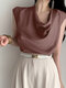 Satin Solid Cowl Neck Cap Sleeve Blouse For Women - Coffee