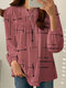 Damen-Bluse mit zufälligem Liniendruck, Rundhalsausschnitt, lässige Langarmbluse - Rosa